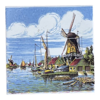 1960s Delft of Holland Hand Painted Ceramic Tile Windmill Near Water Trivet For Sale