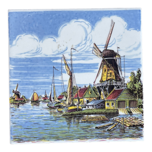 1960s Delft of Holland Hand Painted Ceramic Tile Windmill Near Water Trivet