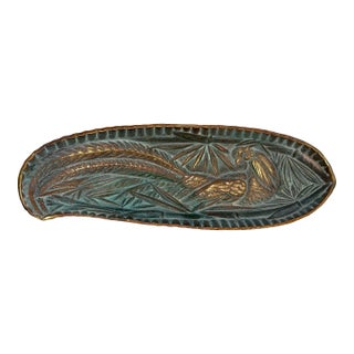 1948 Virginia Metalcrafters Brass Pheasant Tray, Verdi Finish For Sale
