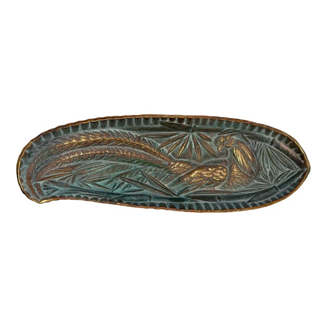 1948 Virginia Metalcrafters Brass Pheasant Tray, Verdi Finish For Sale