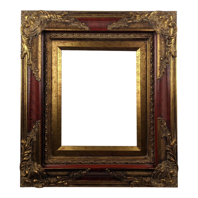 Ornate Red and Antique Gold Gilt Wood Picture Frame With Baroque-Style Relief For Sale