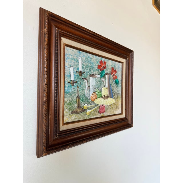 This vintage still life oil painting on canvas is an original work by the artist Lovey. The composition features an...