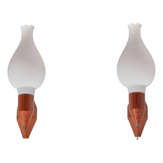 Swedish Modern Teak Wood, Brass and Opaline Glass Wall Lamps, Sweden, 1950s, Set of 2 For Sale