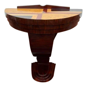 Art Deco Rosewood-Maple Laminated Exotic Woods Demilune Console Table. Vintage 1930-1940s.