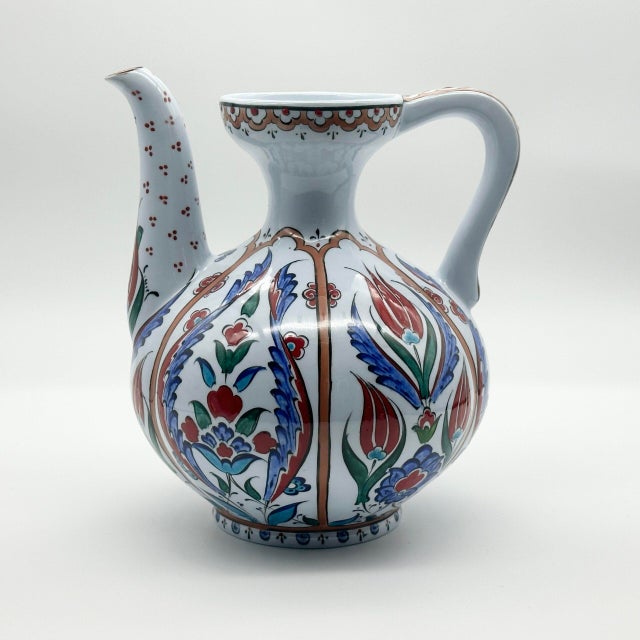 2020s Handmade Ceramic Ewer Vase (20cm) Traditional Segmented Body Design with Spout & Handle – Turkish Pitcher Art Decor For Sale - Image 5 of 8