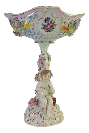 Antique Carl Thieme Dresden Reticulated Compote – 13” Porcelain, Putti & Cherub