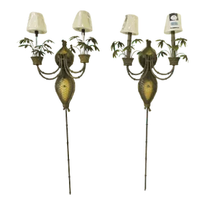 Large Pair Palm Tree Faux Bamboo Tole Two Arm Electric Wall Lamp Sconces