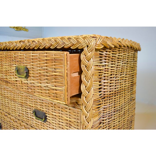 1950s 1950s Vintage Coastal Braided Woven Rattan Chest of Drawers With Walnut Bun Feet For Sale - Image 5 of 12