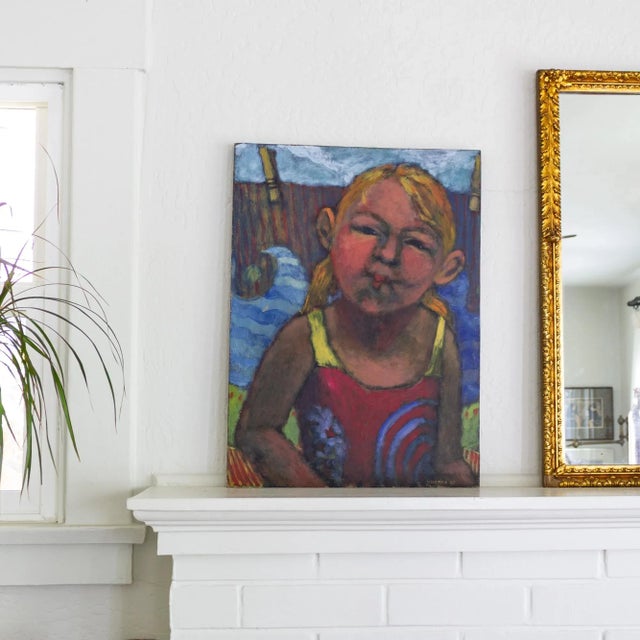 1990s Bright Figurative Portrait Painting of a Girl in Swimsuit by Amy Scherer For Sale - Image 5 of 10