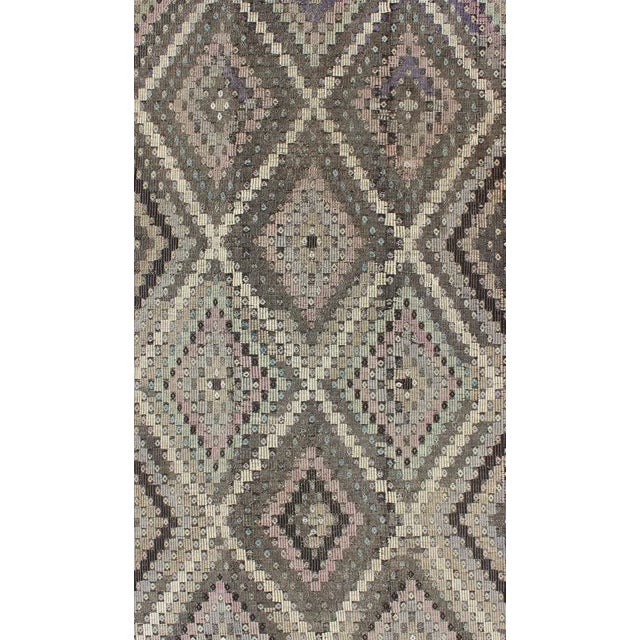 Vintage Turkish Kilim rug with diamond design in gray, black, lavender and green. Keivan Woven Arts / rug TU-EMD-136020,...