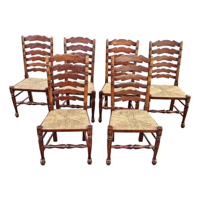 Late 20th Century Set of Six English Oak Faux Bamboo Mahogany Six-Splat Ladder Back Chairs With Rush Seats For Sale