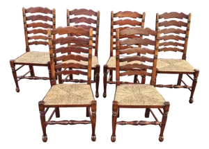 Late 20th Century Set of Six English Oak Faux Bamboo Mahogany Six-Splat Ladder Back Chairs With Rush Seats