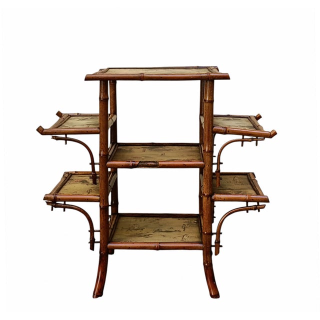 Bamboo Etagere with Silk Shelves Painted with Asian Motifs attributed to Alfred Perret and Ernest Vibert, France, 1900s For Sale - Image 6 of 11