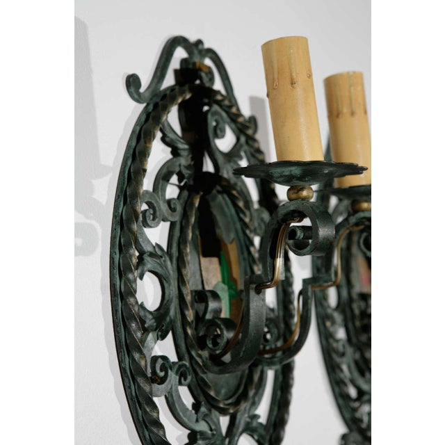 French Filigreed Green With Gold & Red Emblem Sconces - a Pair For Sale - Image 10 of 11