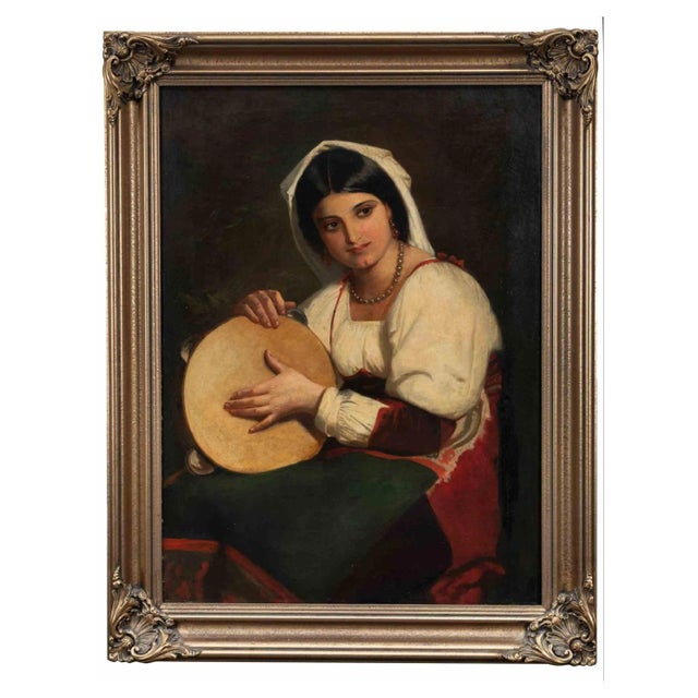 Unknown, Italian Girl with a Tambourine, Original Oil on Canvas, 1900s For Sale