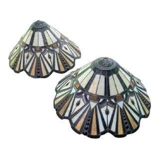 Large Faux Tiffany Style Stained Glass Scalloped Edge Lamp Shades- a Pair For Sale
