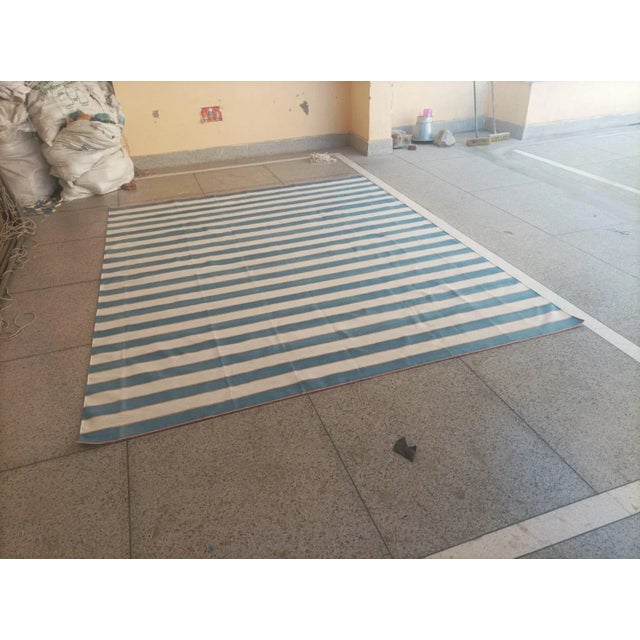 Handwoven Cotton Rug, Vegetable Dyed Sky Blue, Cream and Orange Striped Dhurrie - 10'x14' For Sale - Image 12 of 12