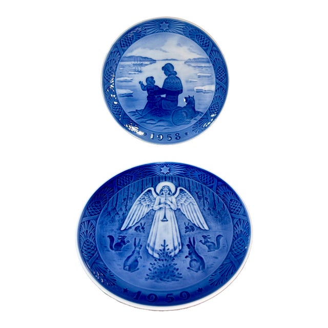1950s Royal Copenhagen (Denmark) Blue & White Annual Christmas Plates- Set of 2 For Sale