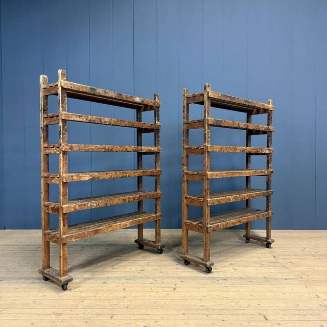 Wooden Workshop Rack with Cast Iron Wheels For Sale - Image 16 of 18