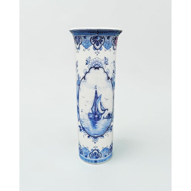 Vintage Hand-Painted Dutch Delft Blue Sailing Ship Vase, 1950s For Sale - Image 17 of 17