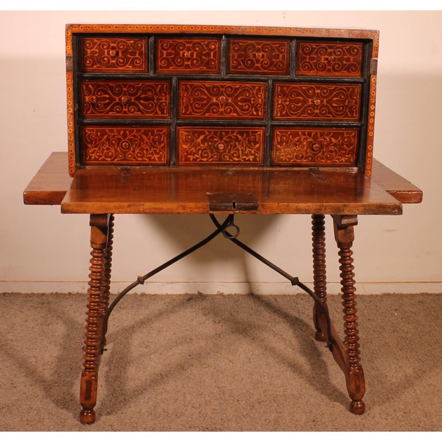 16th Century Renaissance Bargueno in Walnut and Fruitwood Marquetry For Sale - Image 15 of 15