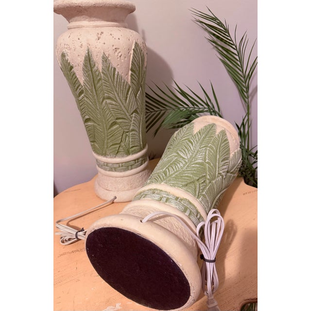 Army Green Vintage Monumental Pair of Plaster Tropical Table Lamps For Sale - Image 8 of 8