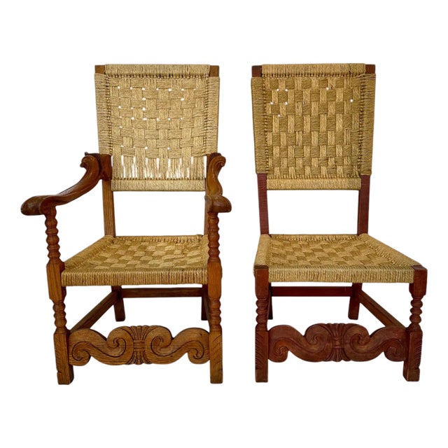 Pair of Mid 20th Century Carved Wooden and Woven Rope Armchairs For Sale
