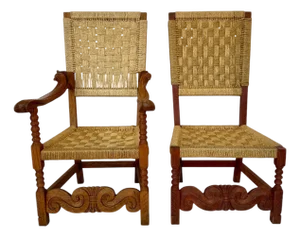 Pair of Mid 20th Century Carved Wooden and Woven Rope Armchairs