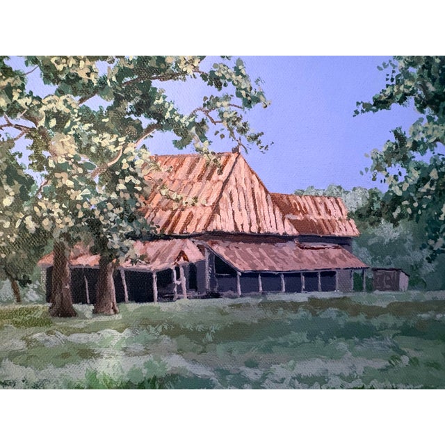 1980s Framed Original Painting of Weathered Barn in Lush Green Rural Landscape 11” X 14” Stretched Canvas, Signed by Artist and Great for Cottagecore Decor. For Sale - Image 5 of 9