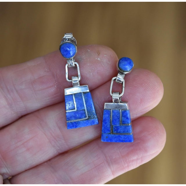 Vintage Escorcia Sterling Silver Lapis Inlaid Dangle Post Earrings, A Pair For Sale - Image 14 of 17