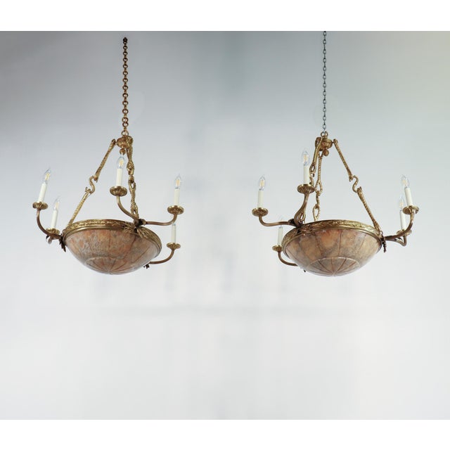 Early 20th Century Pair of Large Early 20th Century French Neoclassical Alabaster and Gilt Bronze Chandeliers For Sale - Image 5 of 16