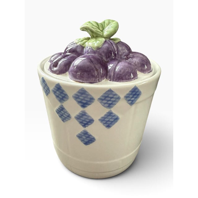 Traditional Vintage Treasure Craft Hopscotch Plum Cookie Jar, Blue & White Ceramic For Sale - Image 3 of 6