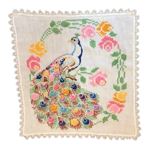 Vintage Peacock Embroidered Tapestry Art Cloth Panel
