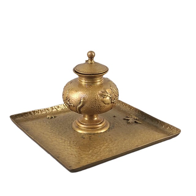 Metal Antique Arts & Crafts Hand Hammered Bronze Butterfly Ladybug Floral Inkwell Trinket Tray For Sale - Image 7 of 7