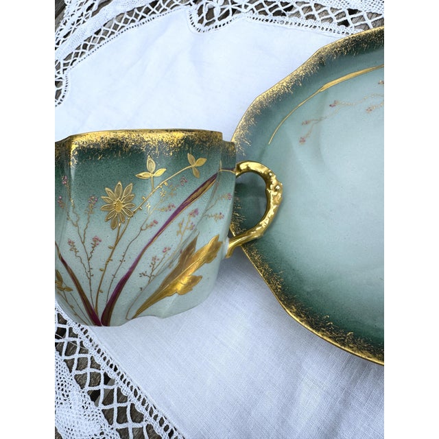 Art Nouveau Collectible Chocolate Cup and Saucer in Eggshell Porcelain with Gold Trim, France, 1890s, Set of 2 For Sale - Image 3 of 10
