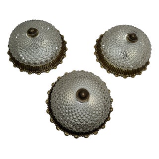 Hollywood Regency Brass and Textured Glass Flush Mount Lights from Sciolari, Italy, 1970s, Set of 3 For Sale