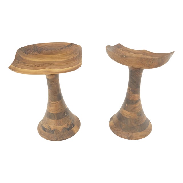 Turned Bases Carved Seat Solid Oiled Walnut Bar Stools MINT! For Sale