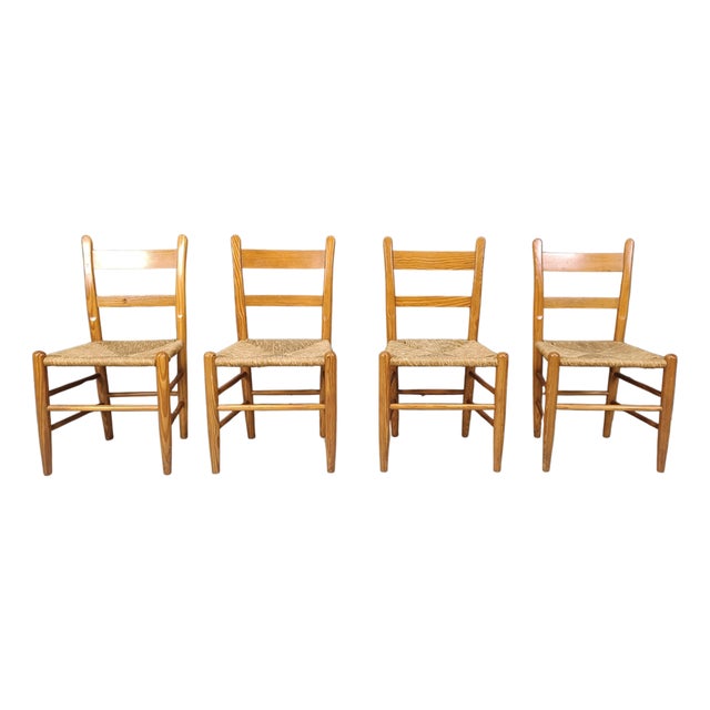 Mid-Century Oak and Wicker Dining Chairs, 1970s, Set of 4 For Sale