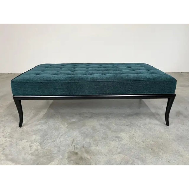 t.h. Robsjohn-Gibbings Teal Blue Velvet Sabre Leg Bench by John Widdicomb For Sale - Image 9 of 10