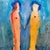 Original contemporary figurative painting depicting two elongated figures rendered in expressive shades of blue, cream,...