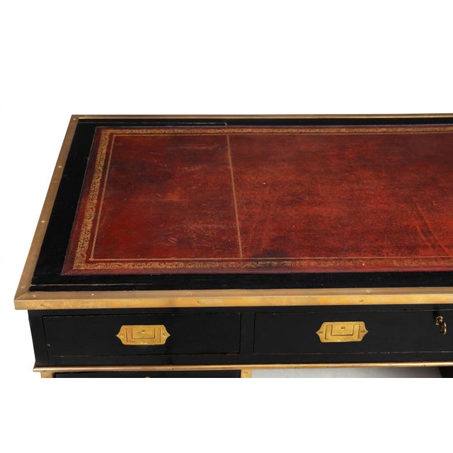Wood Antique Campaign Ebonized Pedestal Desk, 19th Century For Sale - Image 7 of 18