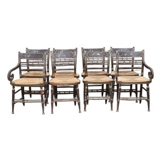 Set of 8 19th Century Hitchcock Style Windsor Chairs Black Harvest Stenciled For Sale