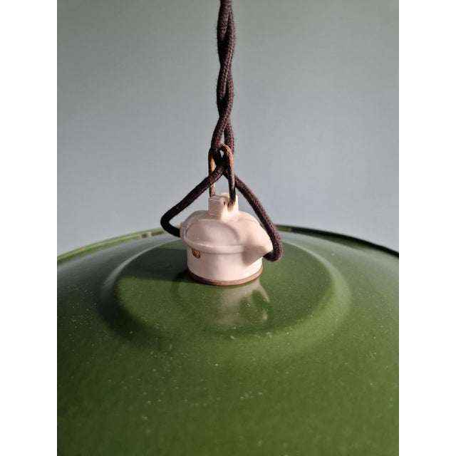 Green Vintage Industrial Pendant Lights in Green Enameled Sheet Metal and Porcelain, 1940s, Set of 3 For Sale - Image 8 of 18