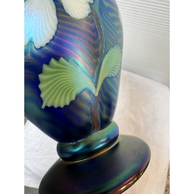 Orient & Flume Floral Blue Art Glass Vase, Signed For Sale - Image 9 of 12