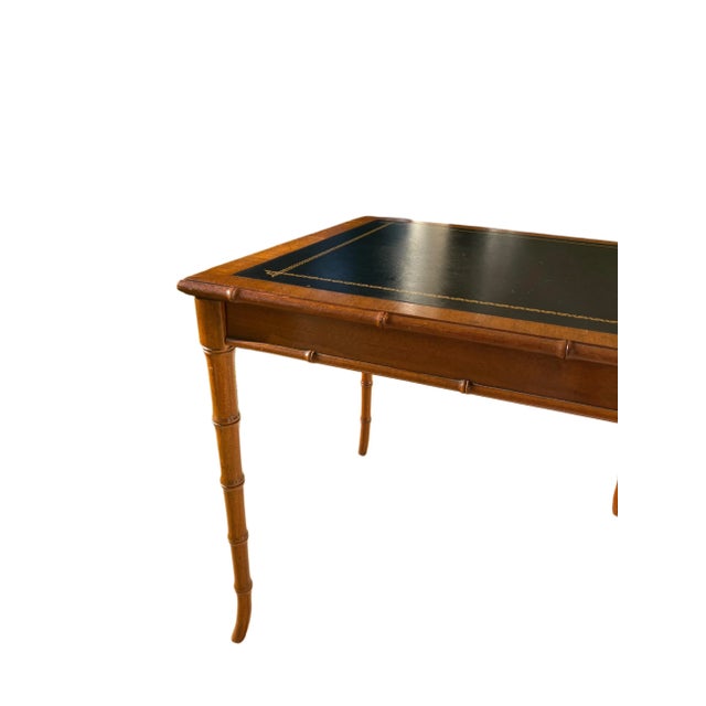 Late 20th Century Carved Walnut & Black Tooled Leather Faux Bamboo Game Table For Sale - Image 10 of 18