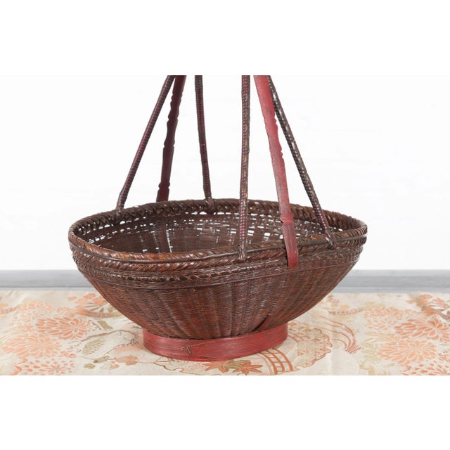 Chinese Woven Rattan Red and Brown Market Basket with Large Tripartite Handle For Sale - Image 10 of 13