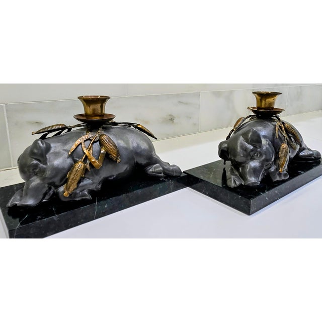 Vintage Petites Choses Pewter Sleeping Pig Candle Holders on Green Marble – Pair, Usa For Sale - Image 12 of 15