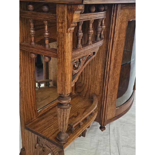 Antique 1890s Tiger Oak Over Mantel With Bowed Glass Cabinet & Beveled Mirrors For Sale - Image 9 of 17