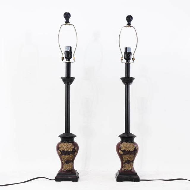 Pair of Vintage Black and Gold Chinoiserie Resin Accent Lamps For Sale - Image 14 of 14