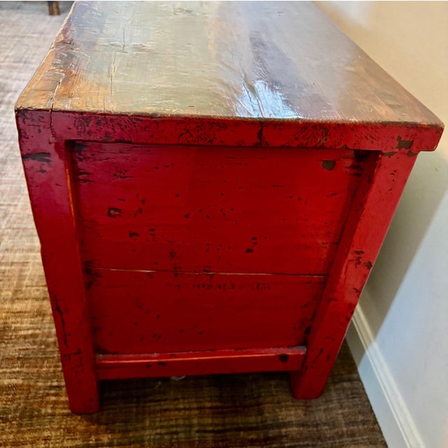Wood Antique Chinese Low Red Elmwood Cabinet For Sale - Image 7 of 12